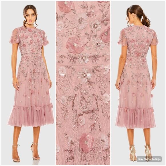 NWT Mac Duggal Embellished Illusion Cap Sleeve Column Gown Pink 2 - Picture 1 of 13